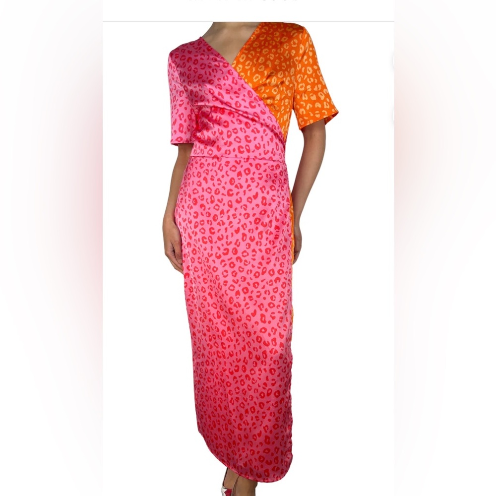 Never Fully Dressed Leopard Wrap Dress Girly Romantic Orange and Pink Dress